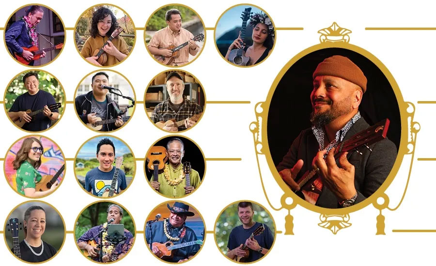Photos of ukulele players in gold circular frames on a white background