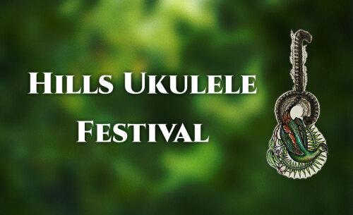 Hills Ukulele Festival logo on a blurry green background