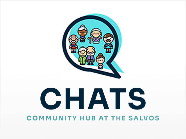 Illustration of people in a speech bubble. CHATS, Community Hub At The Salvos